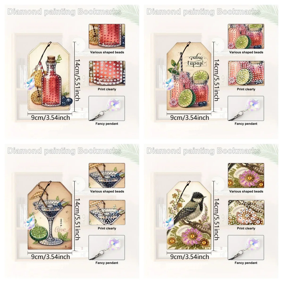 

Hot Selling Literary Retro Style 4Pcs DIY Rhinestone Studded Bookmark Multi Themed (Cocktail/Bird) Creative Stationery Gift