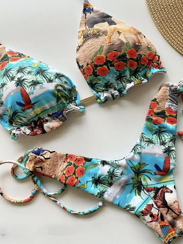 2020 Floral Print Swimwear Women Swimsuit Brazilian Bikini Push Up Bikinis Bandage Biquini Feminino Women\'s Swimming Suit