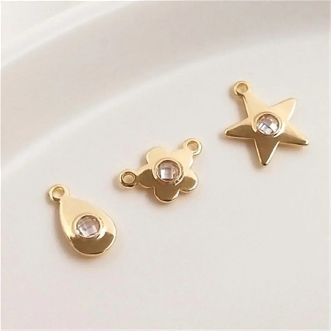 14K Gold-Color Diamond Five-pointed Star Double Pendant Floret Pear-shaped Zircon Pendant DIY Jewelry Ear Pendant D078