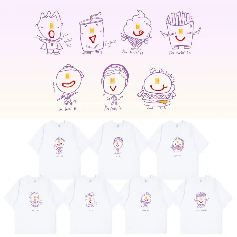 Kpop T Shirt RM SUGA V JIMIN Cartoon Hand Painted Printed T-shirt Cotton Summer Short Sleeves Tee Kawaii Fashion Couples T Shirt