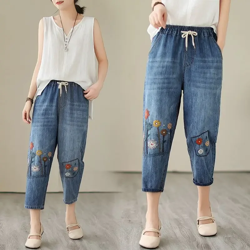 Women Jeans Pants Summer Vintage Floral Embroidery Casual High Waist Baggy Jeans Femme Light Blue Denim  Pants