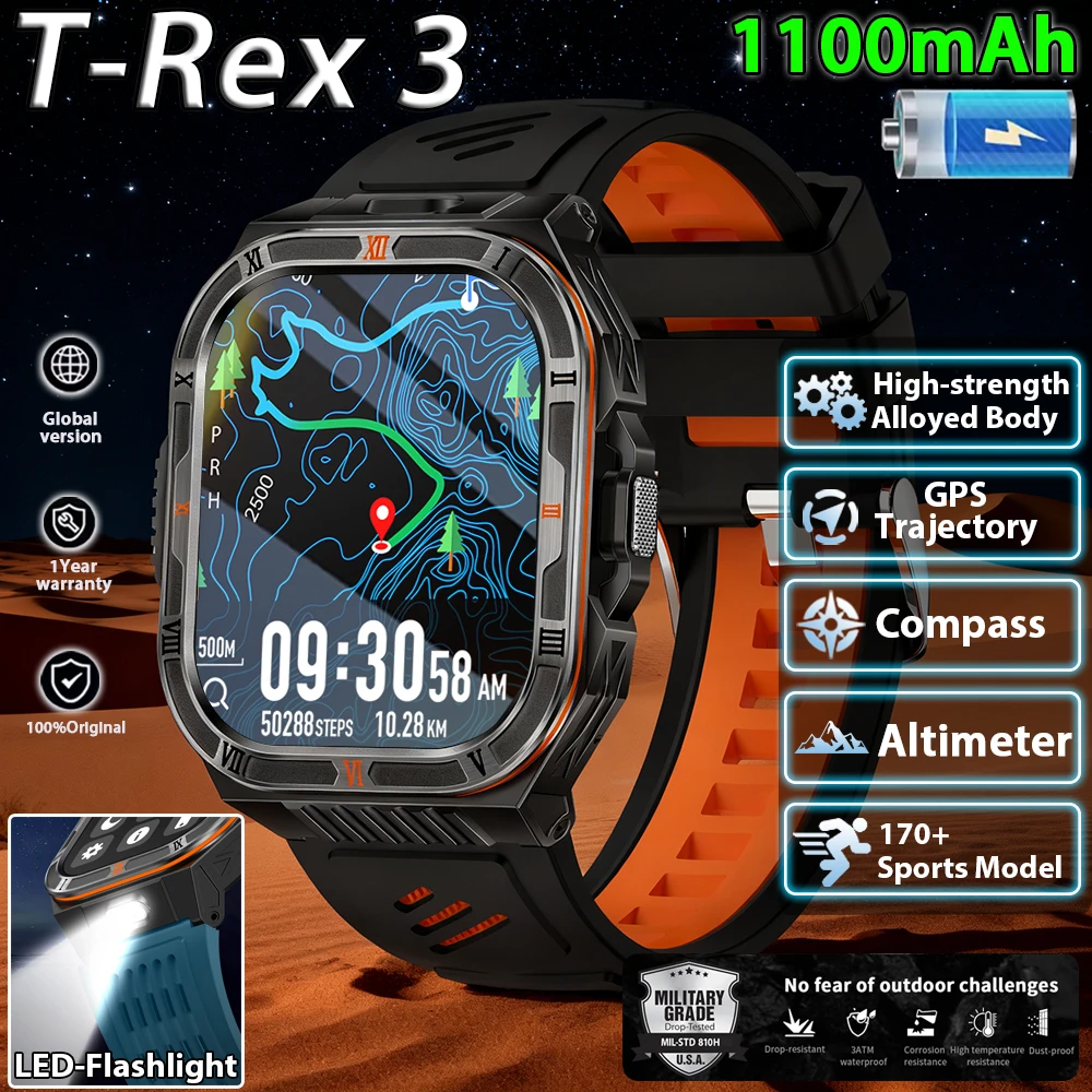 

2026 T-REX3, 1100 мАч, большая батарея, прочные умные часы для взрослых, GPS, сильный фонарик, 5 АТМ, водонепроницаемые, BT Call, спортивные умные часы для мужчин