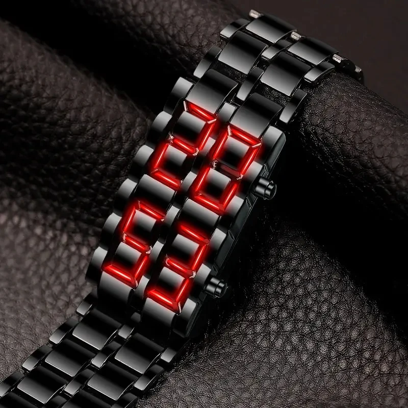 Fashion Red Led Display Digital Electronic Lava Stainless Steel Men Women\'s Wristwatch Relojes Rectangle Wristwatch Cool Clock