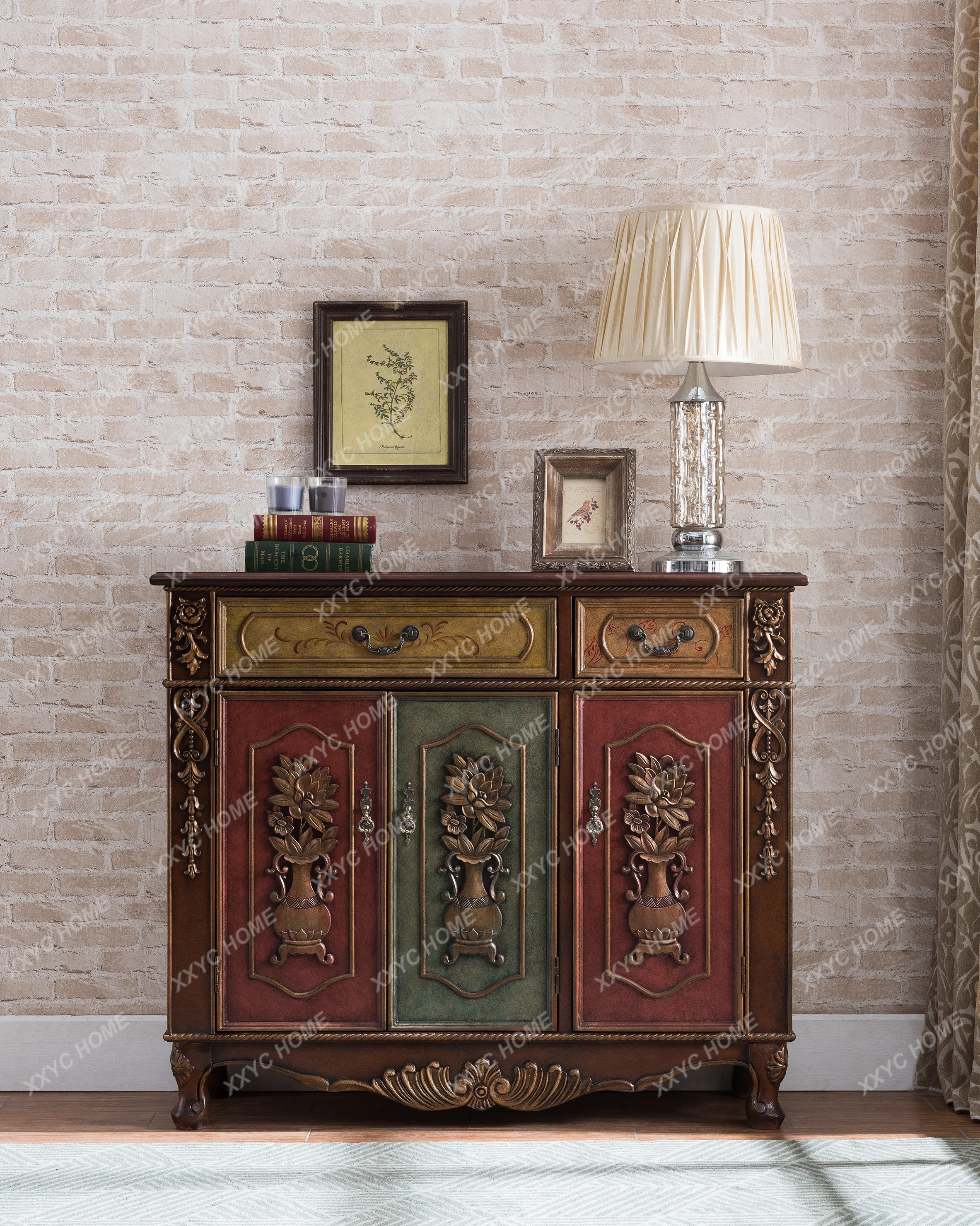 X-S solid wood shoe rack retro painted four-door entrance Darong household storage carved door cabinet HG