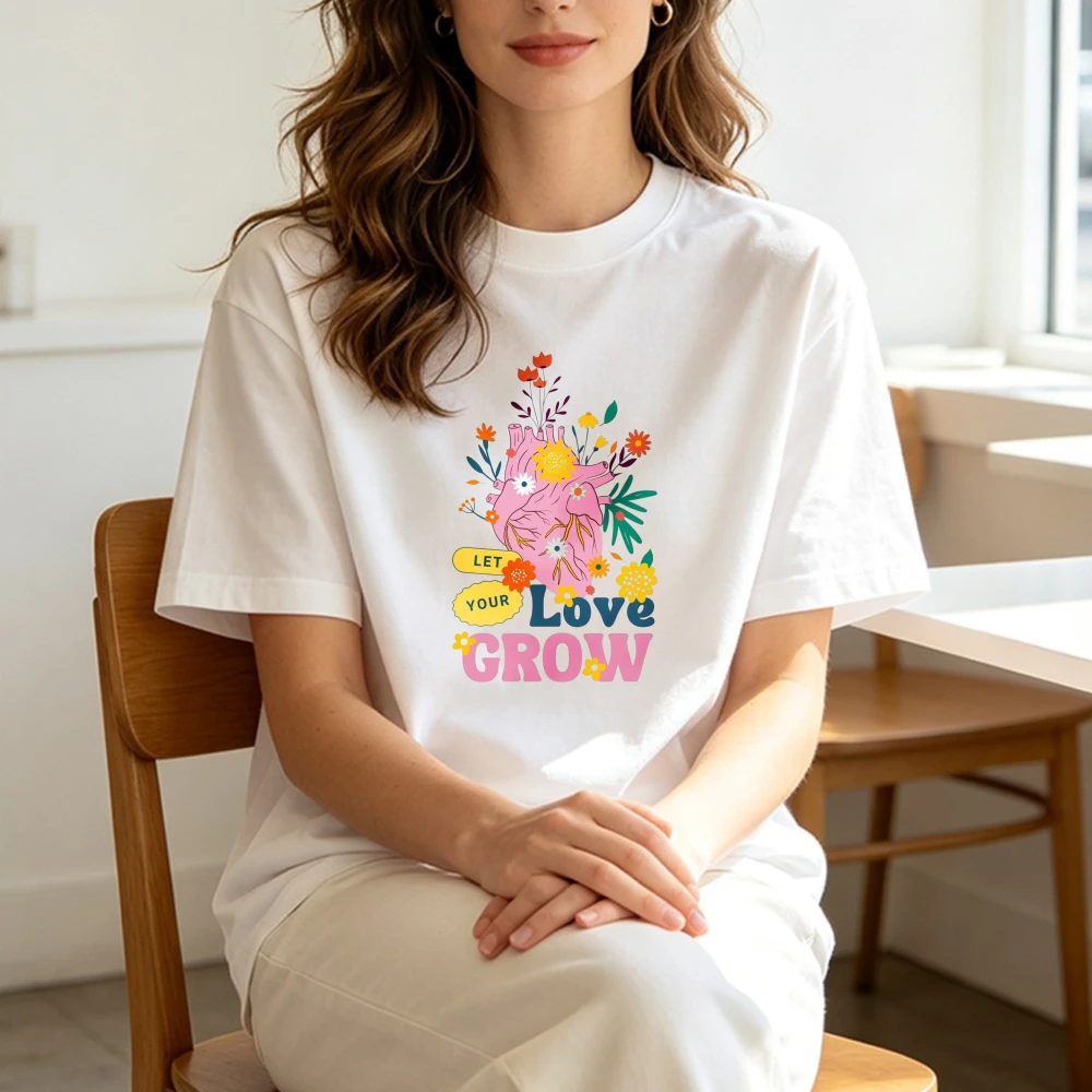Floral Anatomical Heart Graphic Tee Let Love Grow Botanical Art Women Streetwear Shirt Fashion Vintage Cotton Short-sleeve Tees