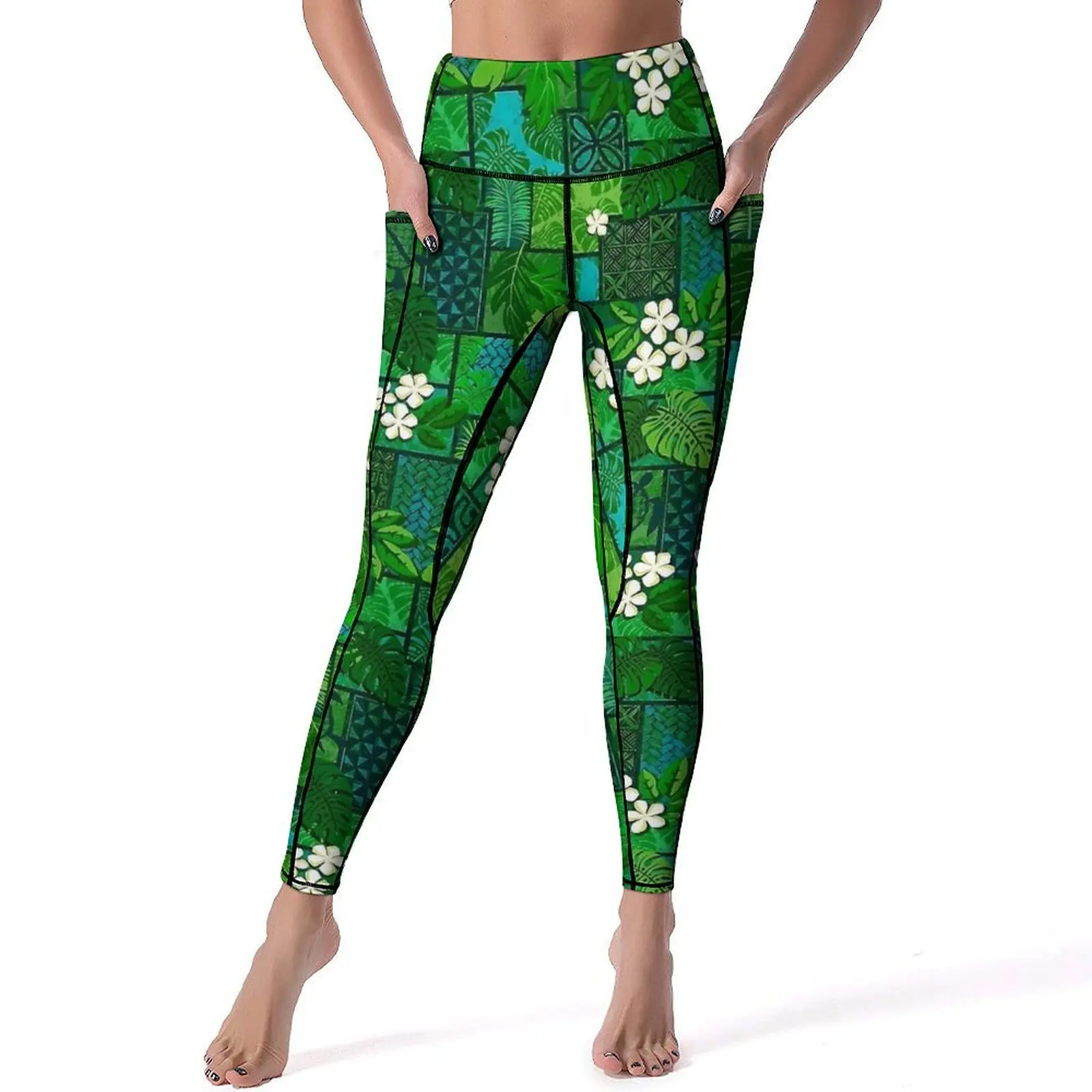 Hawaiian Green Leaf Leggings Sexy White Floral Fitness Yoga Pants Push Up Stretch Sports Tights Pockets Fashion Design Leggins