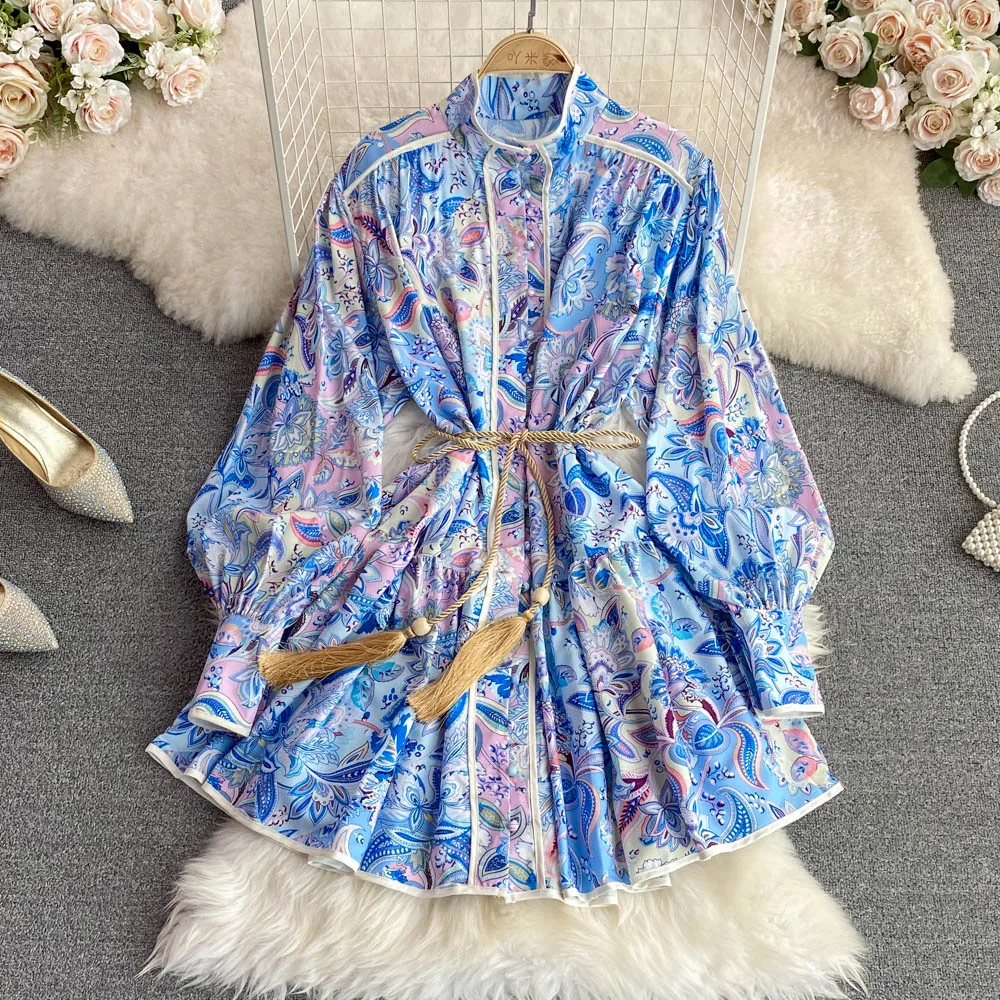 Spring and Summer New Vintage Stand Collar Single-Breasted Printed A- line Large Hem Beach Dress Dresses for Women