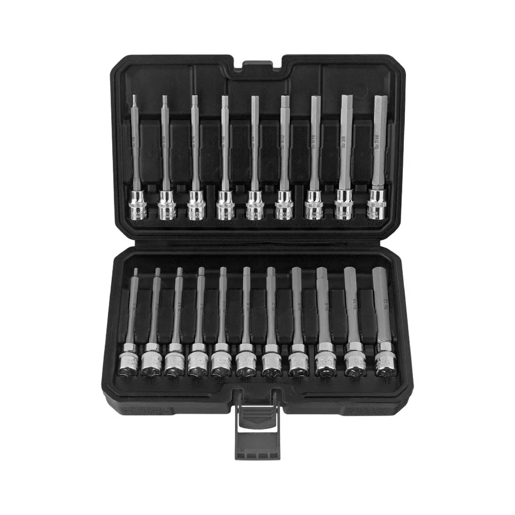 Chromium Vanadium Steel Hex Bit Socket Set Extra Long 3mm to 12mm 1/8 inch to 7/16 inch for DIY and Electrical Work