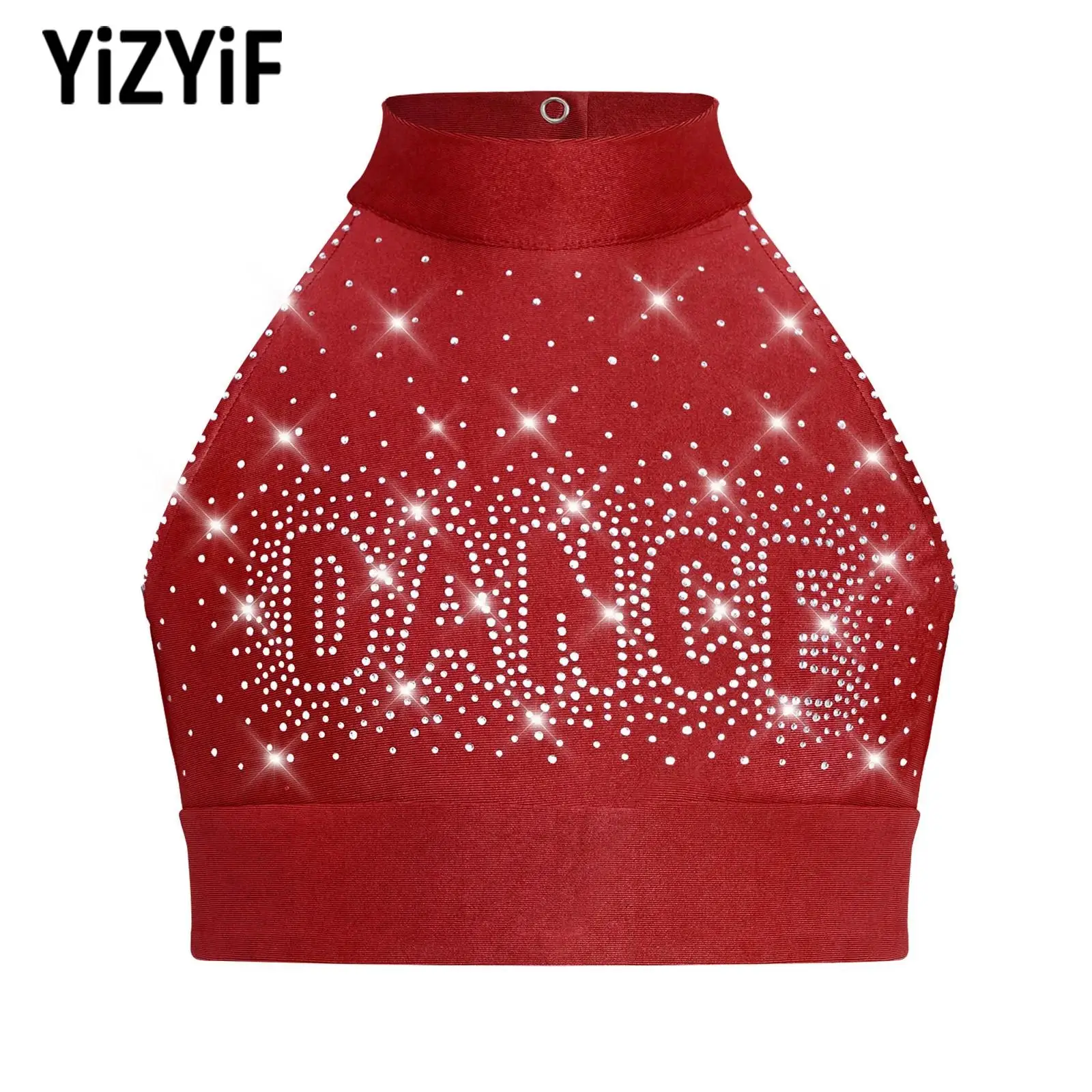

Girls Glittery Rhinestones Cheerleading Ballet Dance Tops Gymnastics Performance Costume Halter Sleeveless Cross Back Crop Top