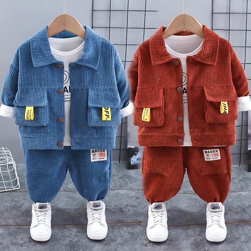 

New Baby Boys Set Spring Autumn Clothing Handsome Formal Infant Gentleman Top+Coat+Pants 3 Piece Cotton Leisure Suit 1-5 Years