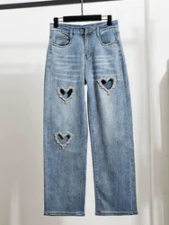 High Street Spring Autumn Loose Slimming Straight High Waist Jeans Wide Leg Pants Women Heart Shape Diamond Denim Baggy Trousers