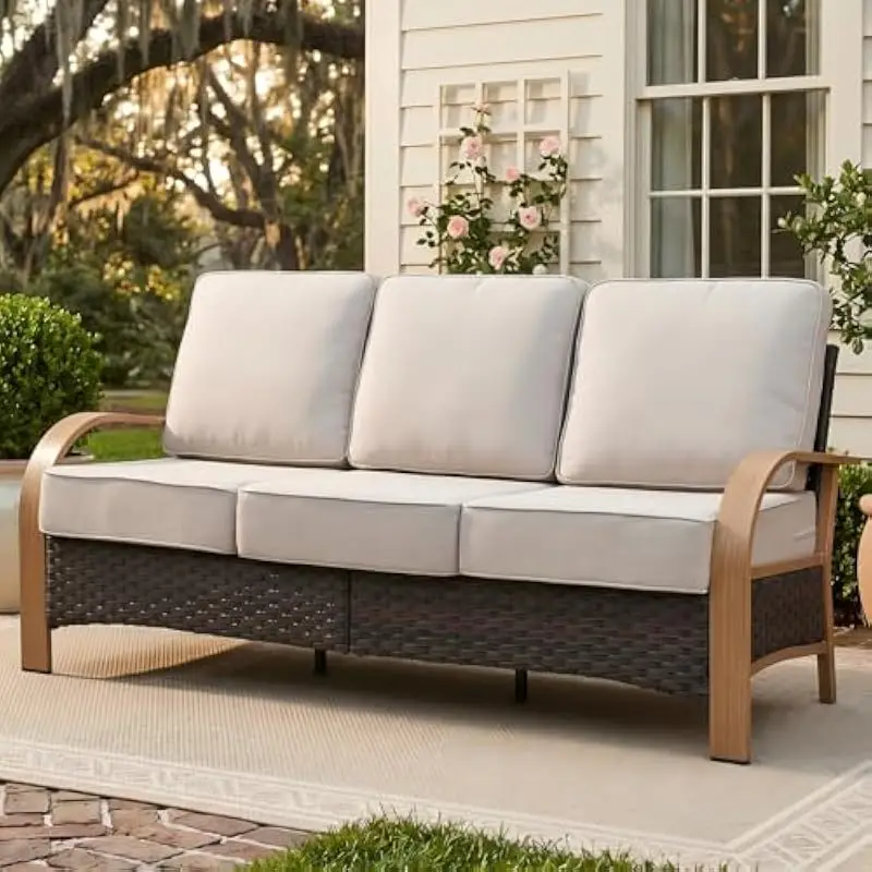 Luxury 3-Seater Outdoor Sofa with 6-Inch High-Density Foam Cushions Ergonomic 105° Backrest Wide 75-Inch Seat Triple-Reinforced