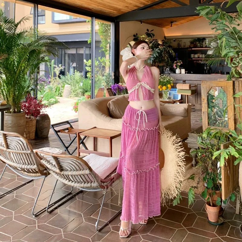 

Sweet and Super Fairy Pink Pure Desire Wind Split Long Skirt Beach Island Three Piece Set Hanging Neck Sexy Swimsuit for Women