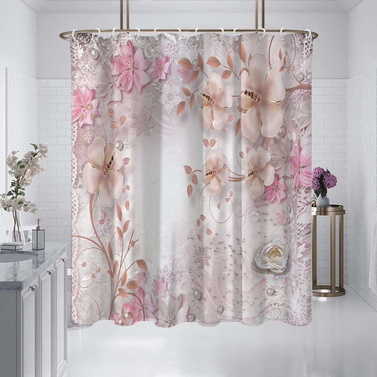 1PC Pink lace flowers printed shower curtain, waterproof, washable, with 12 hooks, bathroom shower, home use