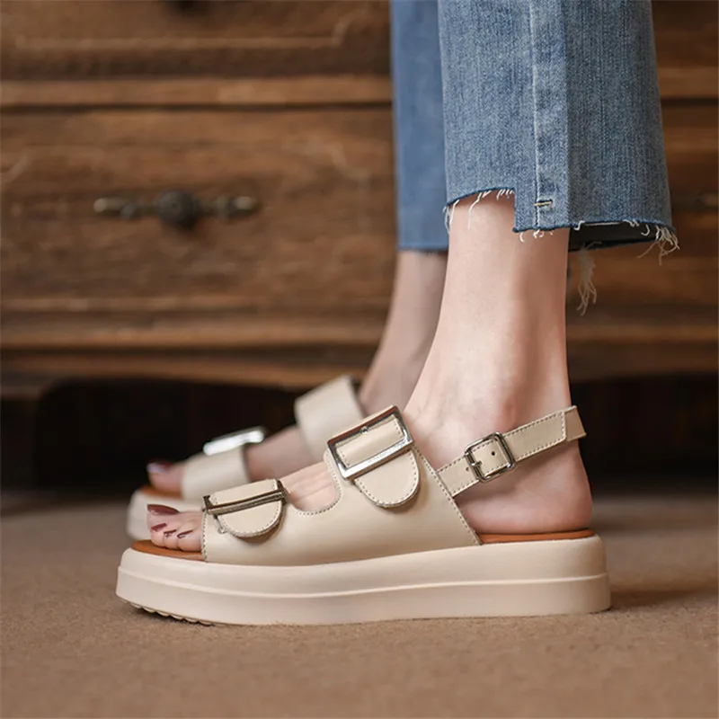 MORAZORA 2024 New Solid Flat With Heels Shoes Buckle Genuine Leather Sandals Women Summer Ladies Casual Platform Shoes