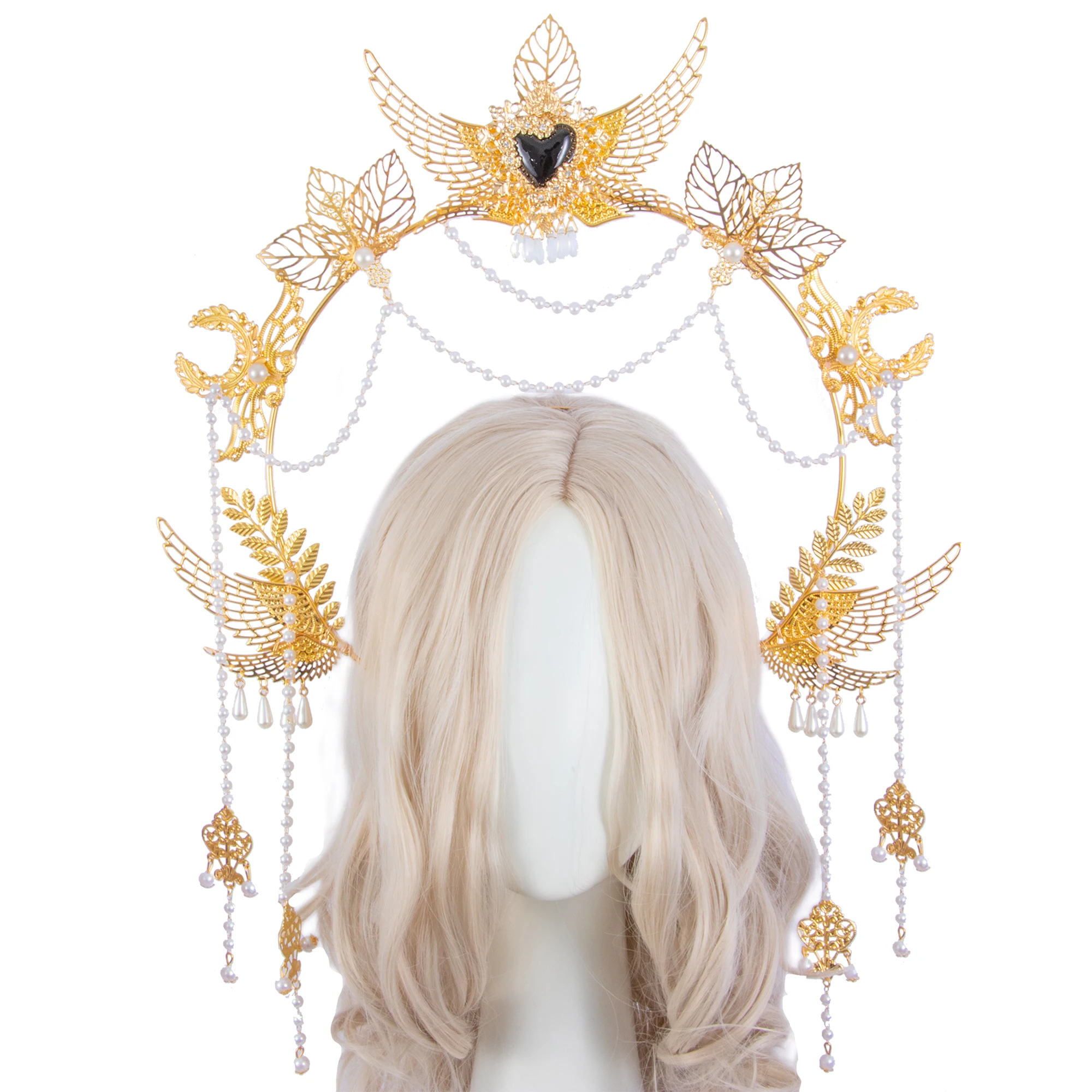 고딕 KC 헤일로 빈티지 태양 ​​여신 바로크 천사 날개 헤일로 헤드 피스 로리타 티아라 크라운 머리띠 할로윈 헤어 액세서리