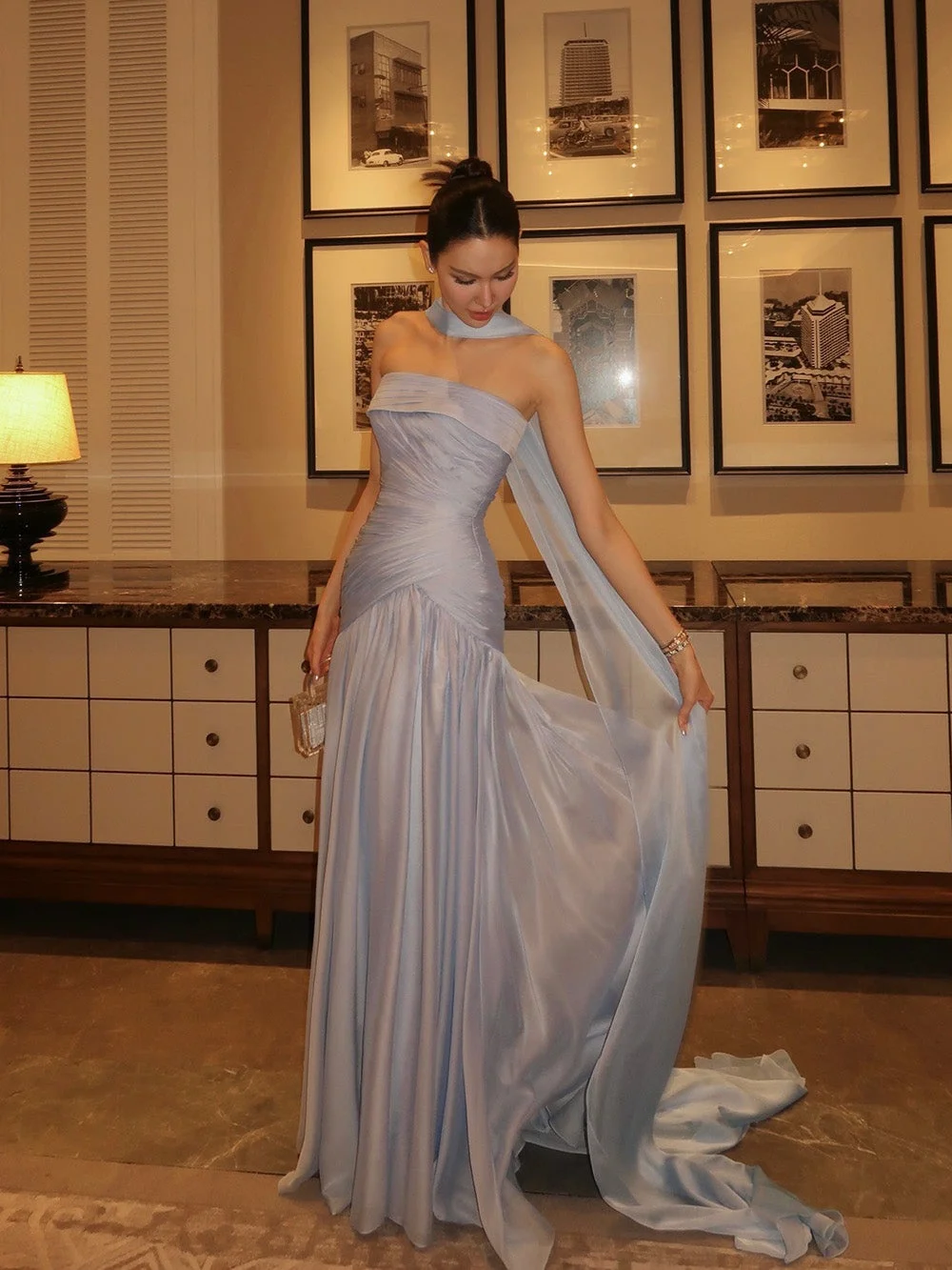 Bella Customized Light Blue Chiffon Elegant Prom Dresses Strapless vestidos de noche Ruched Halter Cape Scarf Formal Evening