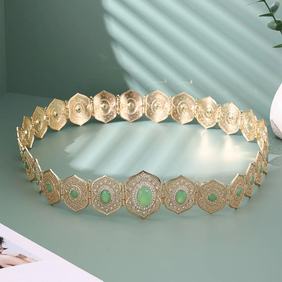 المغربي شيك القفطان الزفاف الذهب اللون حزام Ceinture الملونة حجر الراين الجسم سلسلة فاخرة المرأة الجزائرية مجوهرات قابل للتعديل