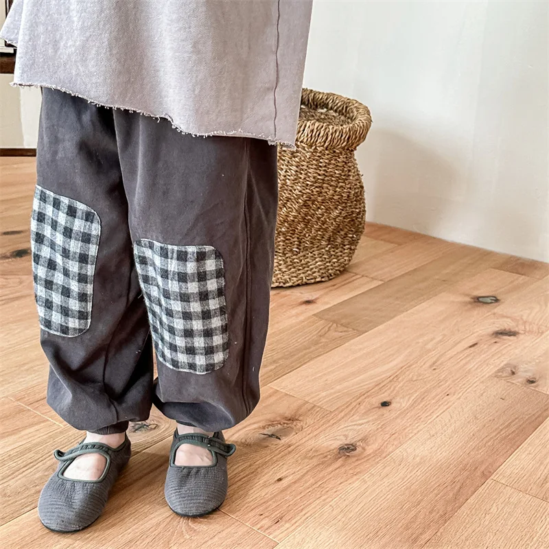 

Childrens Pants 2026 Spring New Korean Version Checkered Patch Fabric Harem Pants Casual Fashion Daily Stylish Versatile