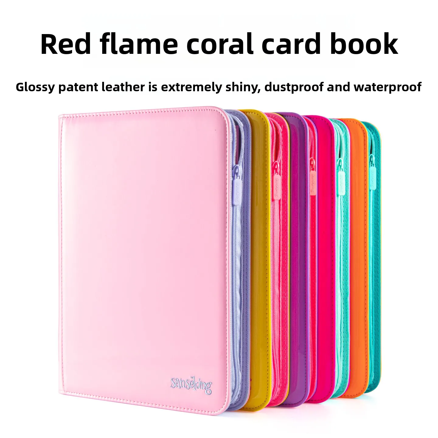 Sanseking Zippered 9-Pocket Card Binder | Pink Glossy PU Leather Album for Pokémon, Yu-Gi-Oh TCG Card Storage Game Cards Collect