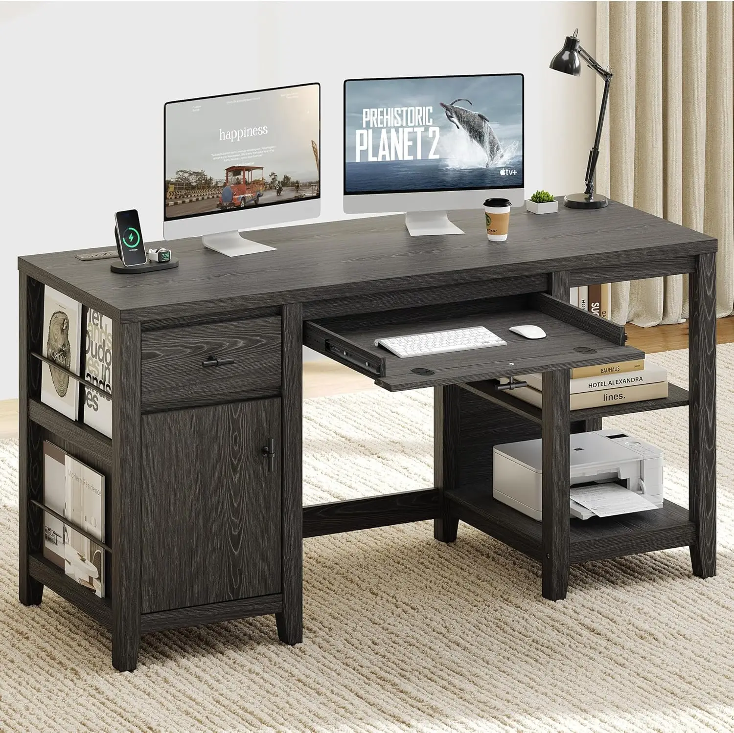 

58" Executive Desk with Drawers and Charge Station, Farmhouse Wooden Home Office Desk with 3 Magazine Rack, Storage Cabi