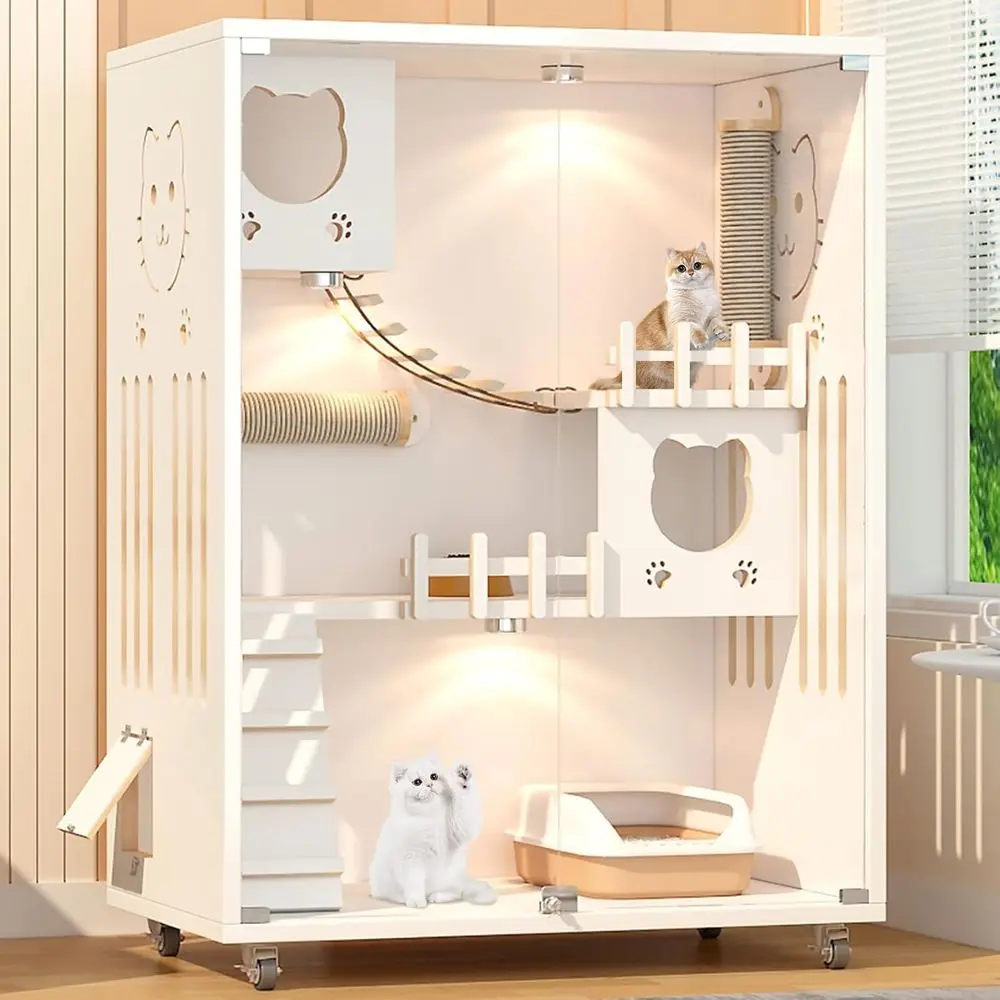 

Elegant Wooden Cat House with Outdoor Wheels, Spacious Indoor/Outdoor Cage, Glass Door, 50x36x24, White