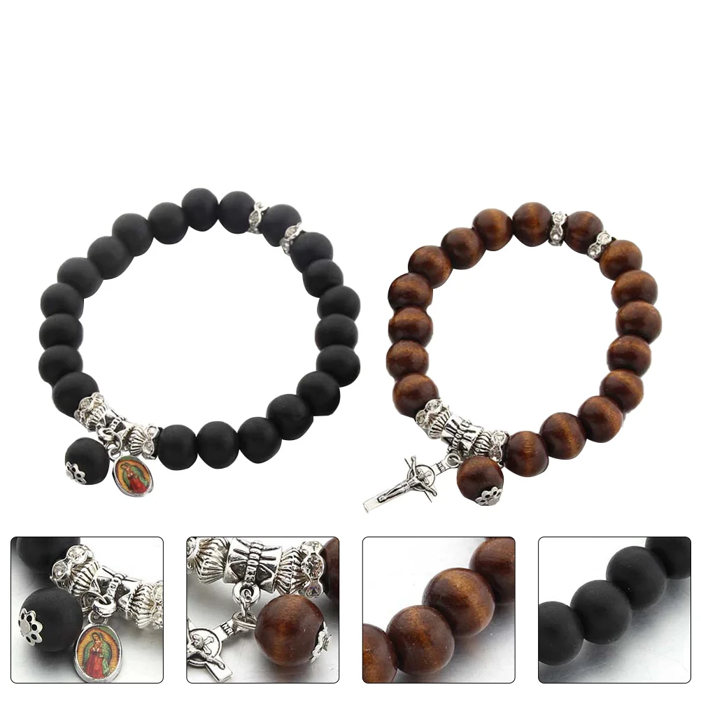 

2Pcs Chic Lovers Wrist Chains Wooden Bead Bracelet Black Coffee Comfortable Daily Wear Attract Attention Bead Bracelet