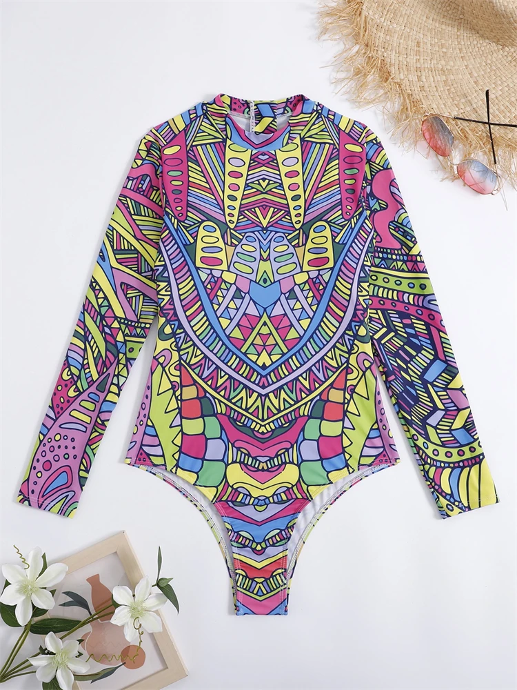 One Piece Swimsuit Women 2024 New Print Long Sleeve Swimwear Sexy Zipper Bodysuit Monokini Summer Beach Wear Bathing Suit Female