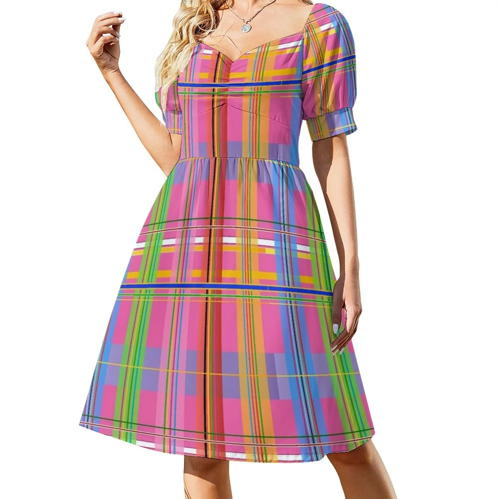 

Bright Plaid Colors Short Sleeved Dress women's evening dresses 2025 elegant women's sets Dress