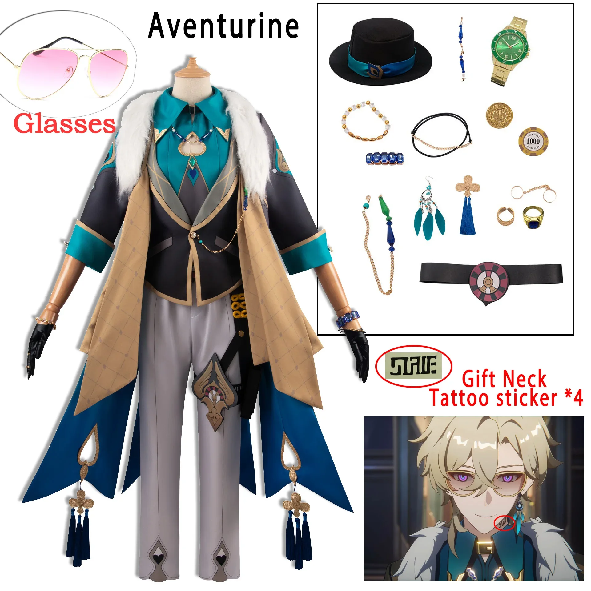 

Aventurine Cosplay Game Honkai Star Rail Costume Party Suit Earrings Hat Halloween Carnival Uniform Anime Clothing Custom Made