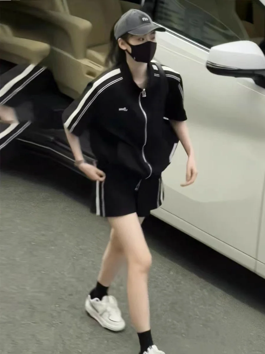 

Plus Size plus Size 300 Pou Korean Retro Sport Casual Set Women Summer Side Stripe ort Sve orts Two Piece Set Faionable plu...