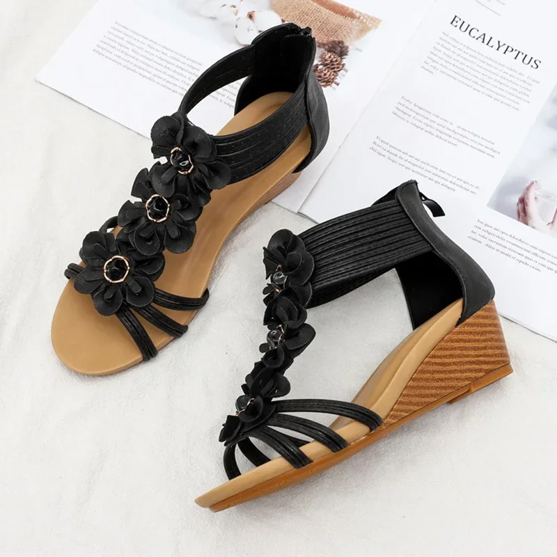 Summer Women 1.5cm Platform 5cm High Heels Casual Outside Sandals Lady Fashion Sweet Shoes Female Shiny Flower Bohemian Shoes