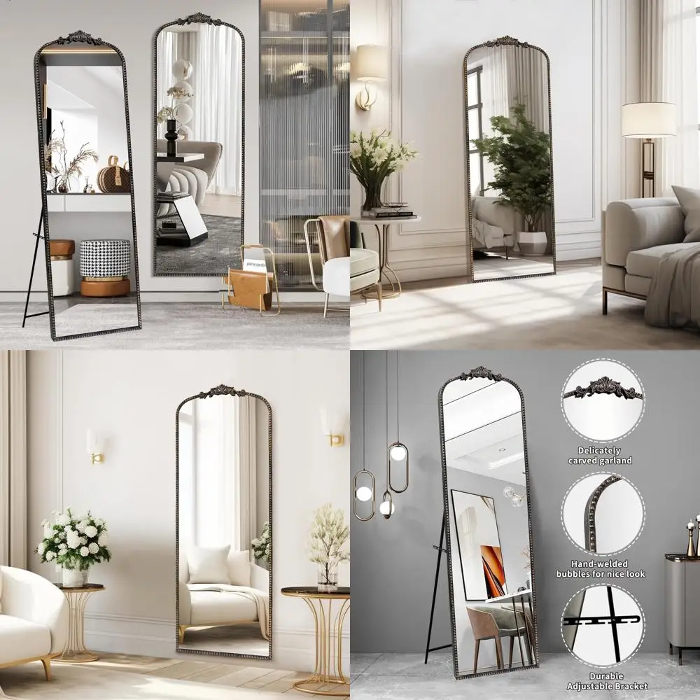 Espelho de chão barroco preto vintage de comprimento total, 65x22 independente, montado na parede ou inclinado, espelho de corpo inteiro estilo antigo