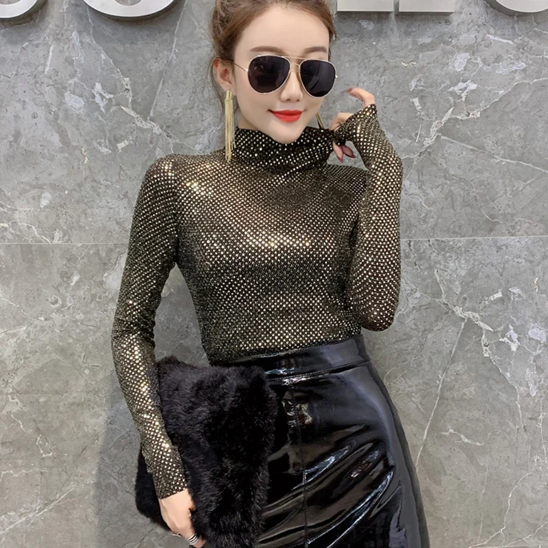 #7901 Shinny Sequins T Shirt Women Sexy Basic Turtleneck T Shirt For Women Long Sleeved Slim Tight T-shirt Femme Tee Shirt