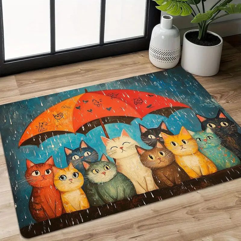VIKAMA Rainy Day Cats Under Umbrella Floor Mat Non Slip Welcome Rug Cartoon Kitten Print Indoor Pet Home Decor
