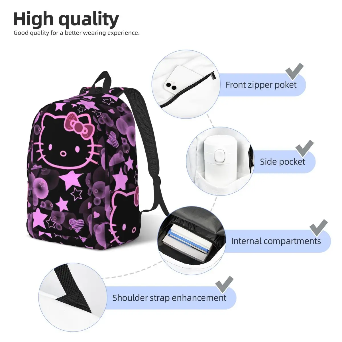 Hello Kitty Punk Style Backpack Student School Bookbag Daypack Preschool Kindergarten Bag Outdoor