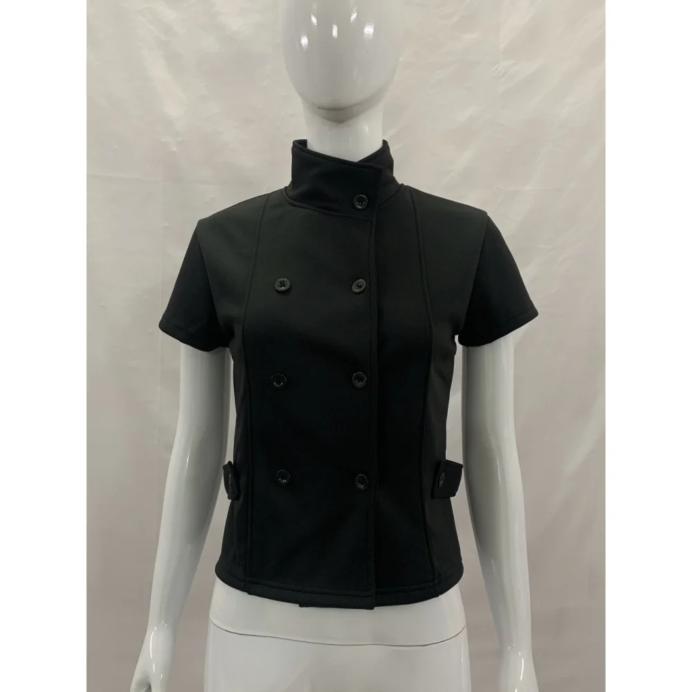 Women's Short Sleeve Cropped Jacket with Stand Collar, Double Breasted Buttons, and Decorative Accents. Slim Fitted, Black Casua