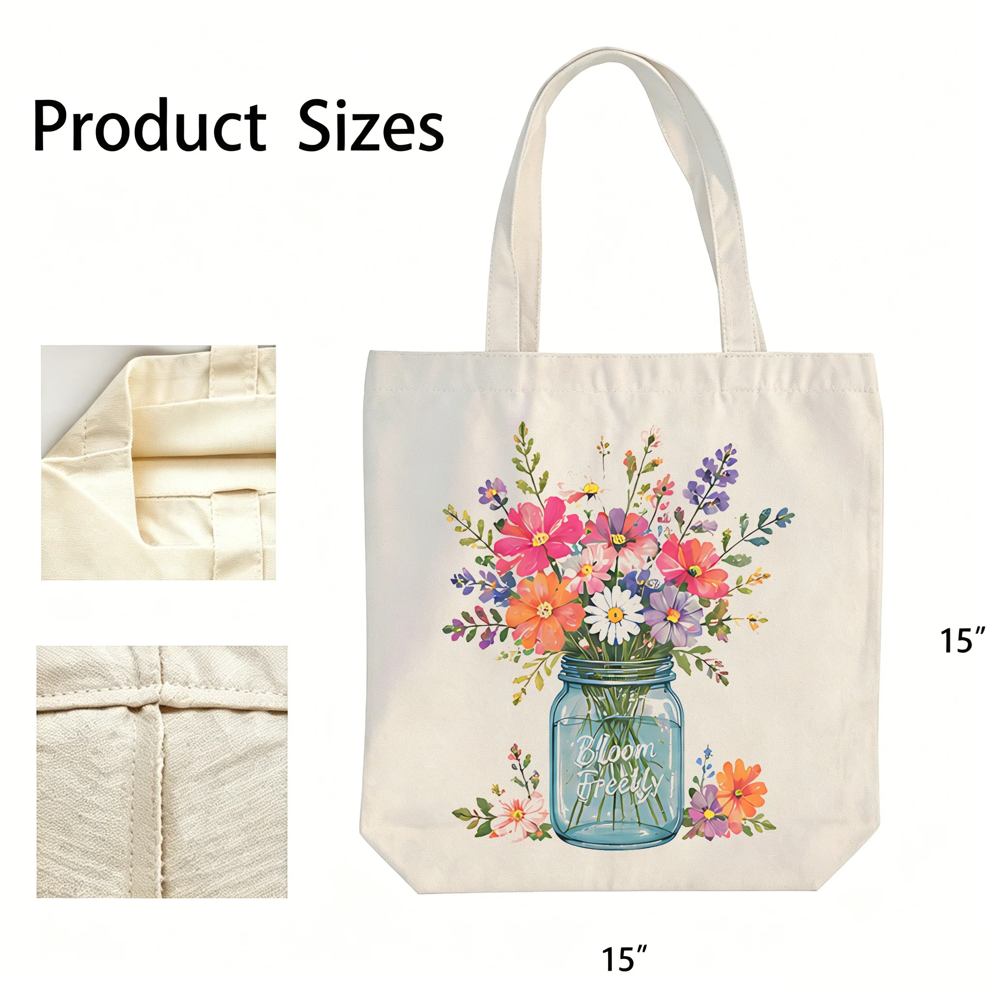 Large Soft 100% Cotton Tote Bag Suitable for Grocery Shopping & Conventions - Floral Mason Jar Print with Flat Bottom, Lightweig