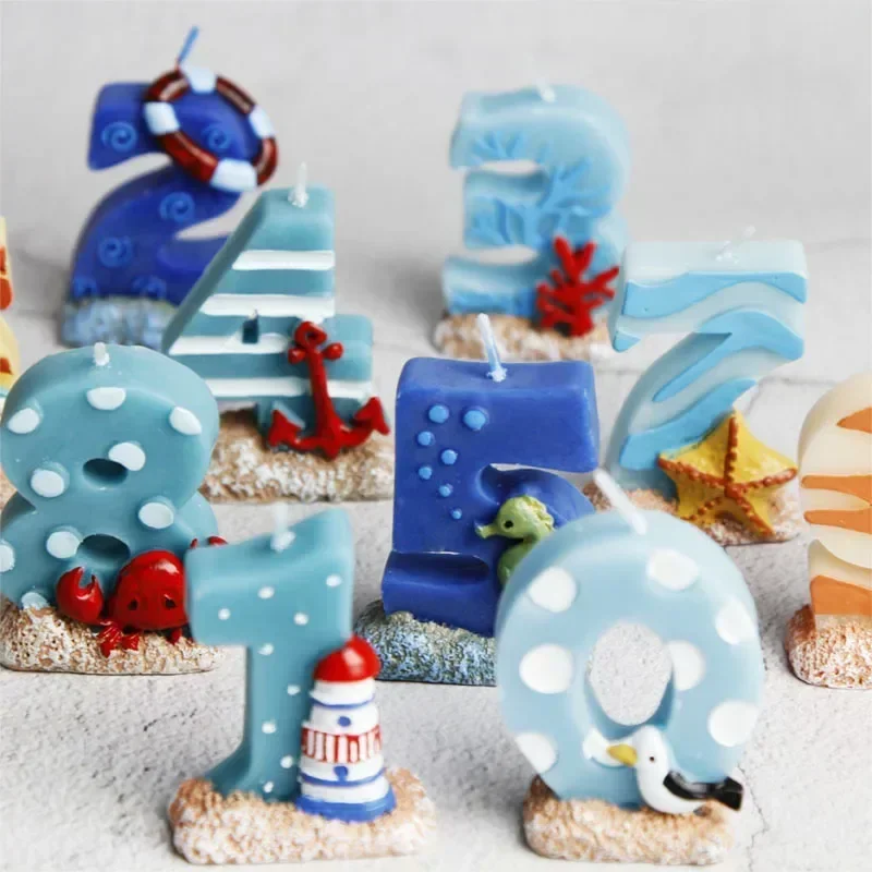 Ocean Number Birthday Candle Fish Cartoon Starfish Beach Seahorse Ship Army Theme Dessert Cake Topper Baking Supplies