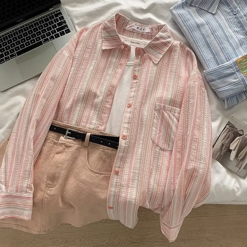 Chemise rayée Chic femmes Style coréen ample à manches longues boutonné Blouse dames printemps automne Streetwear chemises décontractées 2025 hauts