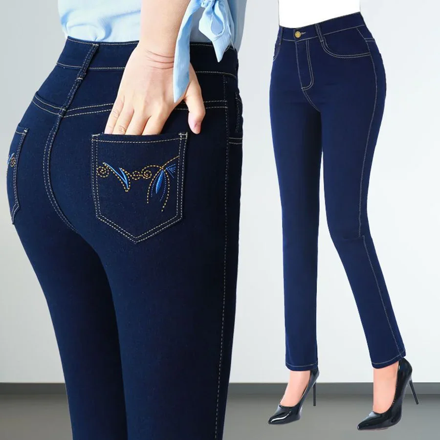 Casual High Waist Slim Straight Jeans Women Big Size 36 Skinny Vaqueros Mom 2024 Embroidered Denim Pants Vintage Cowboy Trousers