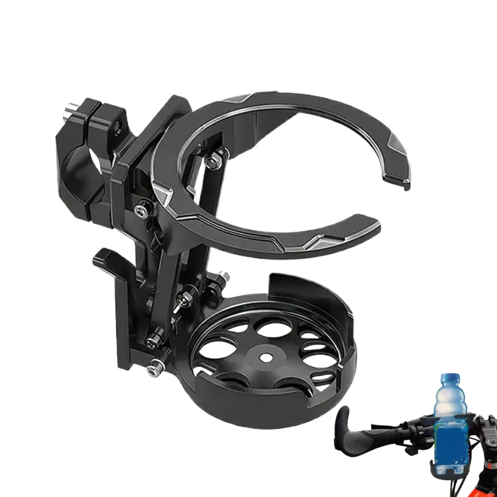 Folding Bicycle Water Bottle Cage with Rotating Anti Drop Base Adjustable Bike Motorcycle Cup Holder and Removable Clamp