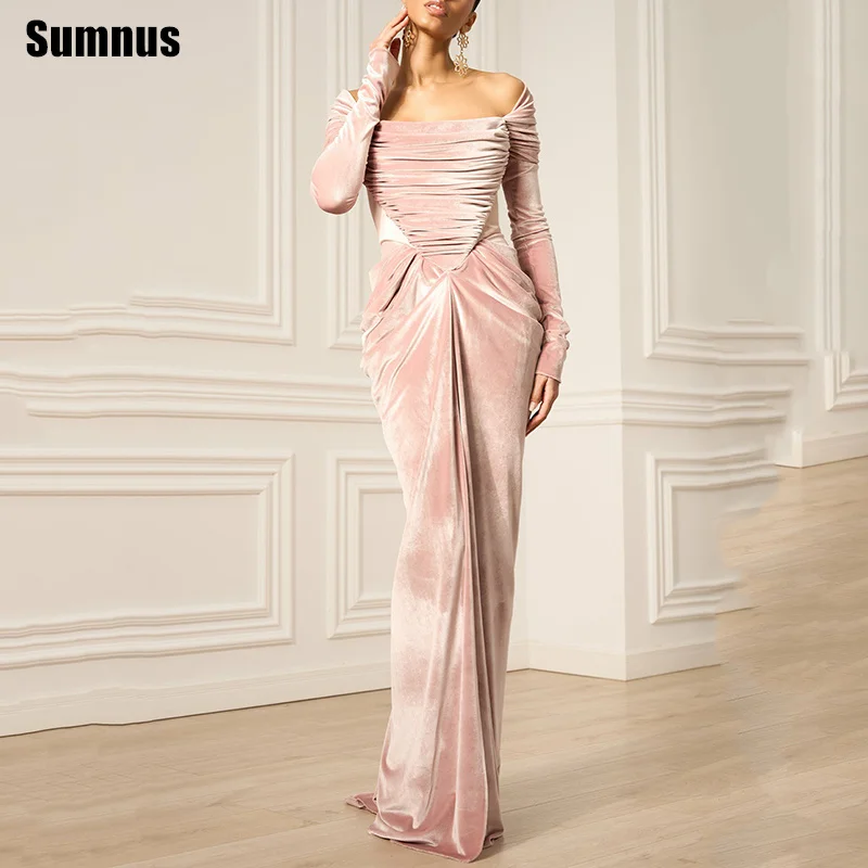 

Sumnus Simple Mermaid Prom Dresses Light Pink Velvet Full Sleeves Pleats Evening Dress robes de soirée Customized