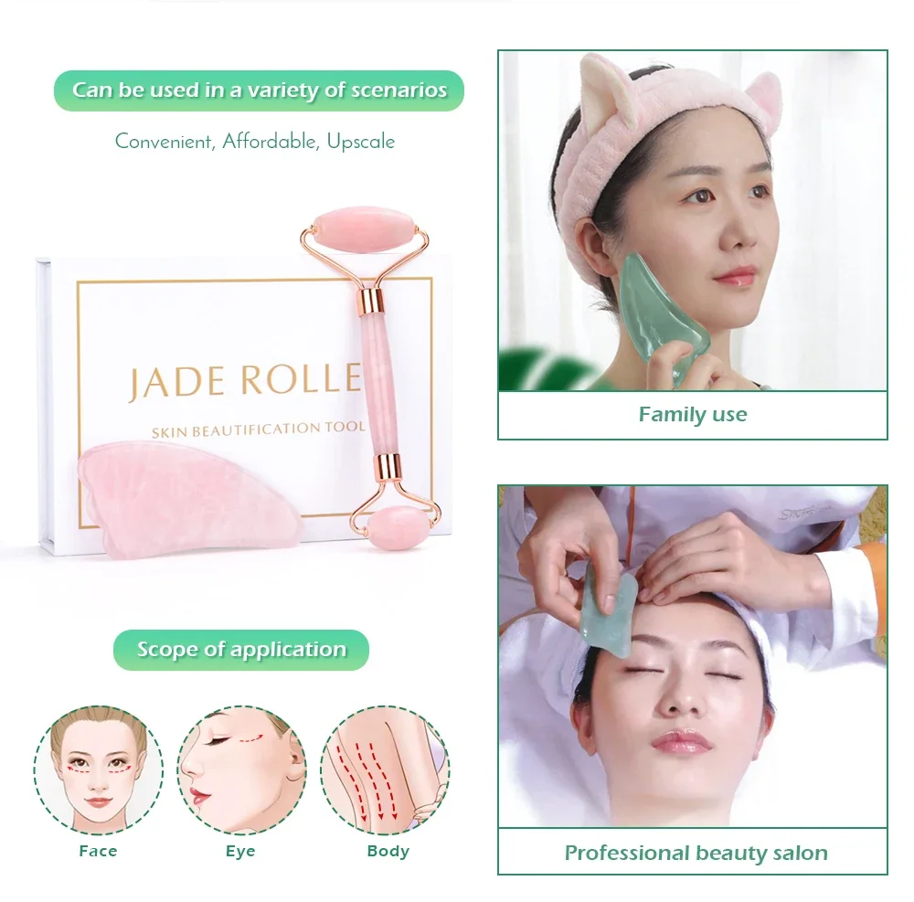 Rosenquarz Natürliche Jade Roller Gua Sha Scraper Set Gesichtsroller Massagegerät für Gesicht Körper Hals Lifting Straffen Abnehmen Hautpflege Massagegerät für die Schönheitspflege