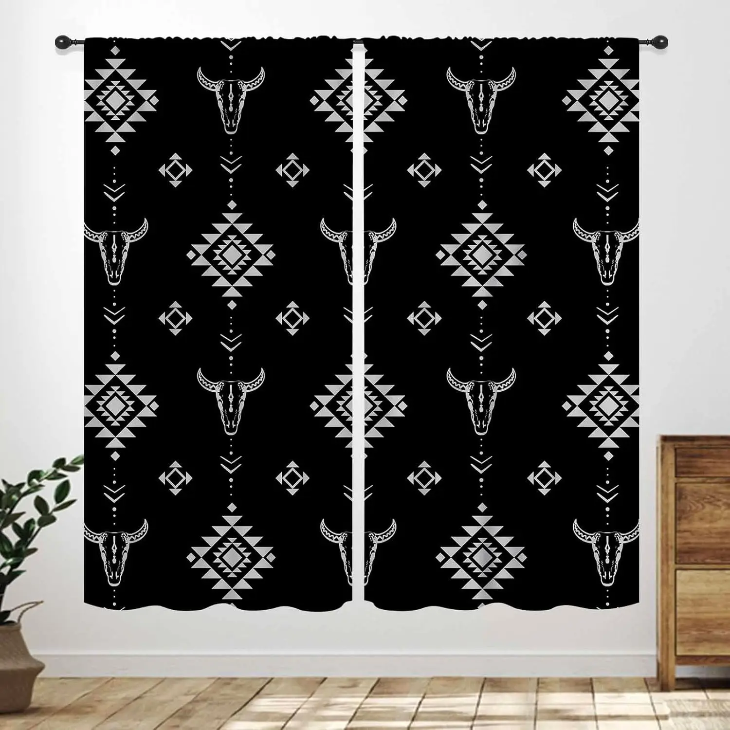 Western Window Curtains,Bohemian Southwestern Cow Skull Geometric Pattern Native Aztec Longhorn Head Cowboy Farmhouse Country