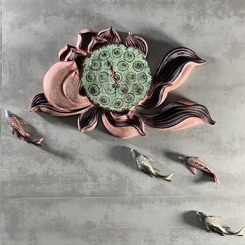 Wall Clock Retro Wall Decorations Clock Zen Wall Decoration Creative Chinese Style Lotus Goldfish Restaurant Wall Decoration