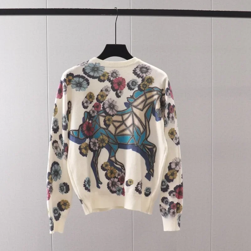 Autumn Winter Korea Fashion Horse Flower Print Sweater Women Luxury Brand Pullover Long Sleeve Jumper Knitted Tops Sueter Mujer