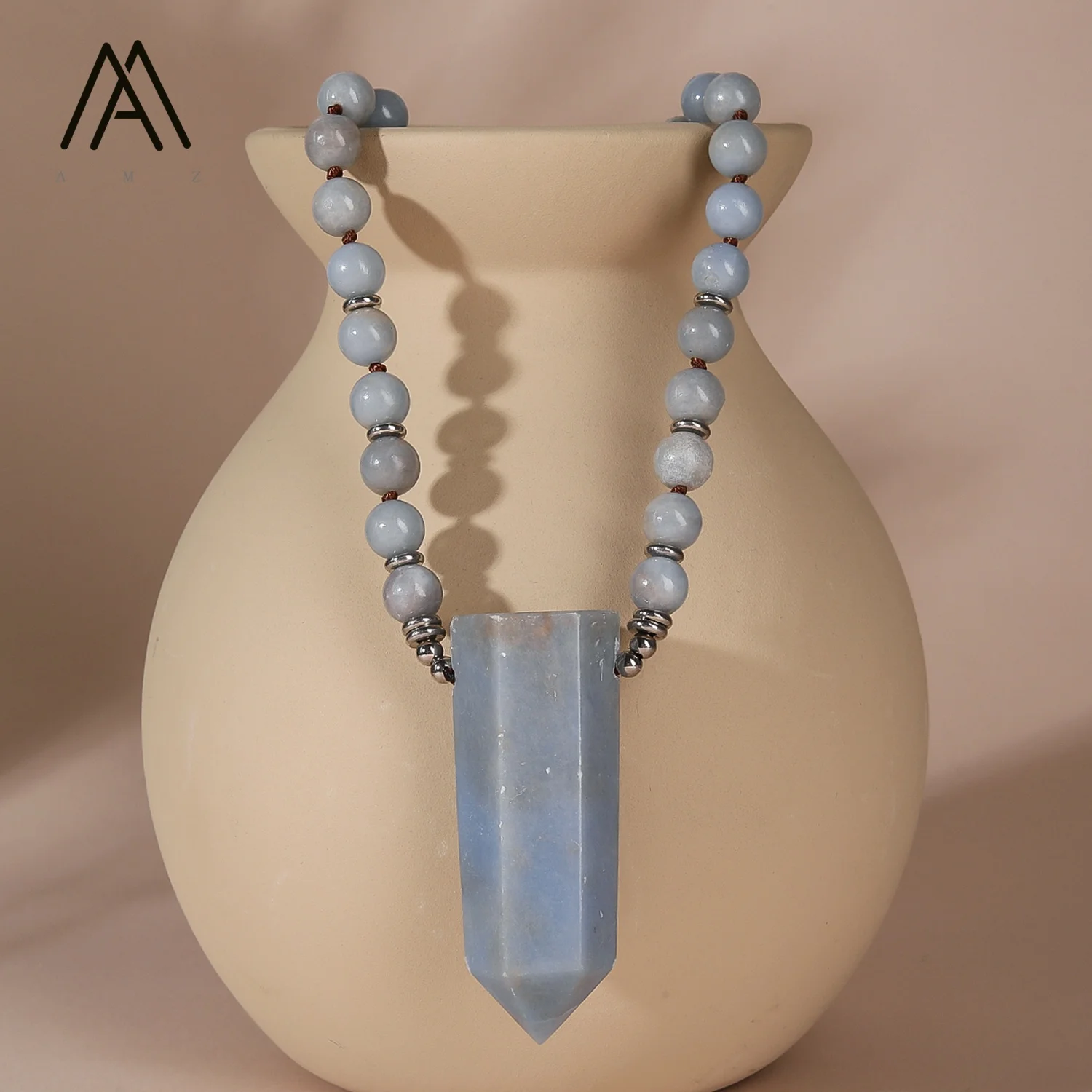 Fashion Boho Jewelry Blue Angelite Necklace Natural Stones With Semi Precious Point Pendant Women Bohemia Necklace Gift