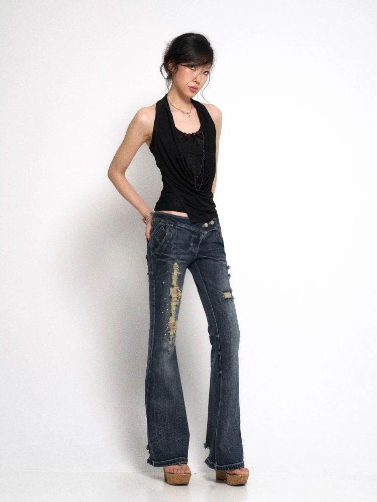 

Оригинальные джинсовые брюки-клеш в стиле ретро с низкой талией, хлопковые эластичные джинсы с выцветкой на талии, расклешенные длинные брюки для женщин