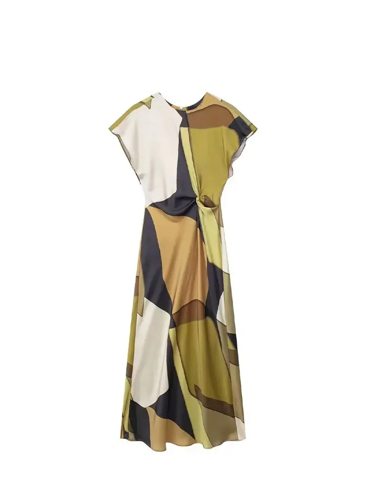 HH 2024 Women\'s Trendy Summer Midi Dresses Back Hollow Out Button Vinatge O-Neck Short Sleeve Elegant Slim Print Dresses